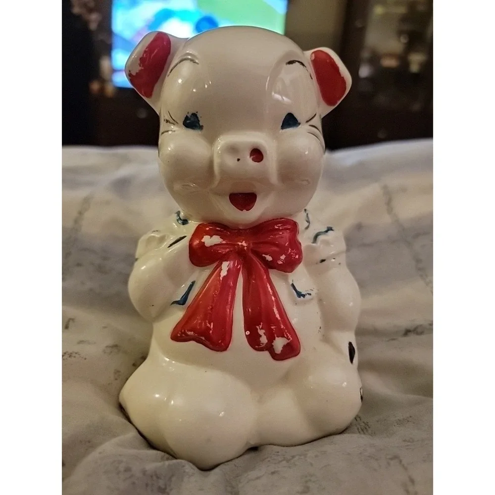 Vintage Lefton Bisque Pottery Ceramic PORCELAIN Pig Piggy Bank RED Bow tie